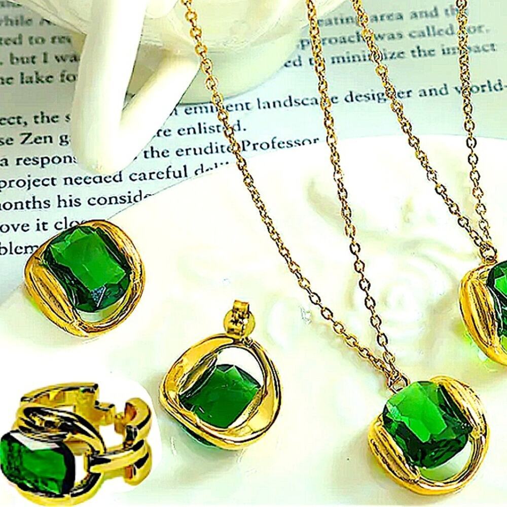 Gold Emerald Crystal Matching Necklace, Earrings, Ring Set